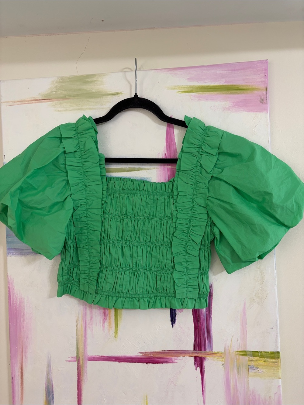 Endless Rose Green Ruffled Puff-Sleeve Smocked Crop Top